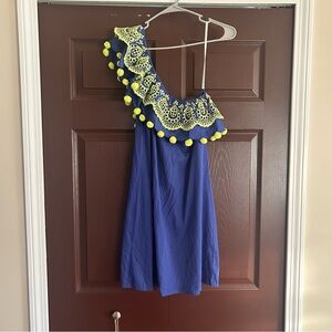 Lilly Pulitzer blue with yellow/green embroidered and pompom one shoulder dress